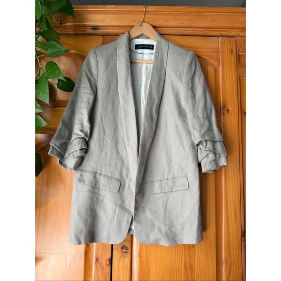 Zara Woman Beige Linen Blazer Jacket Women’s Size L – Ruched Sleeve Open Front - Picture 2 of 14